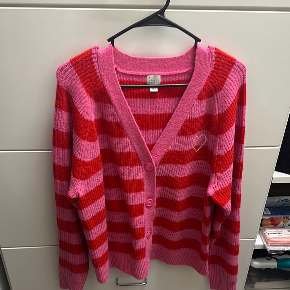 Pink and Red Striped Women Sweater
